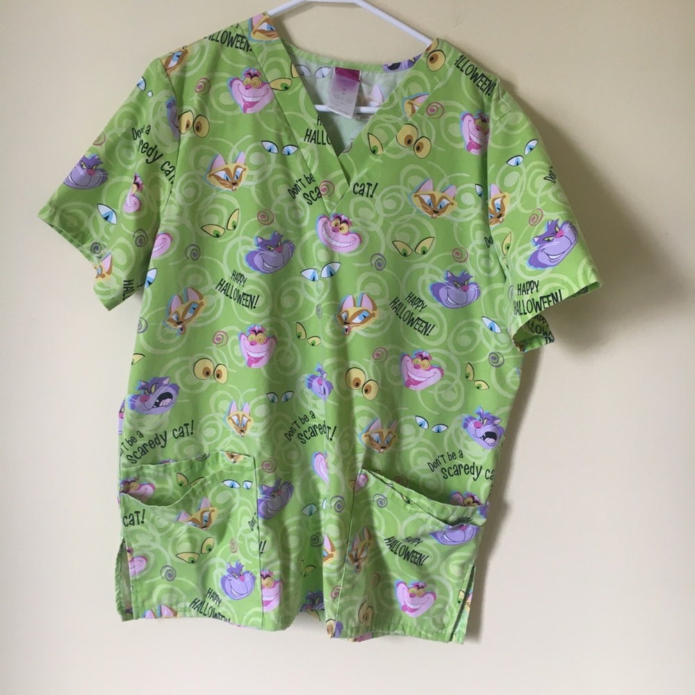 Medium Disney Halloween cat green scrub top